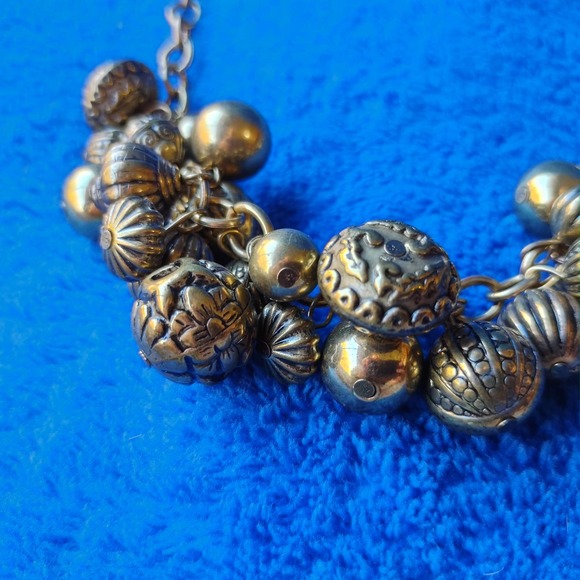 Cluster Carved Bronze Metal Beaded Charm Chunky Statement Necklace - Picture 3 of 6